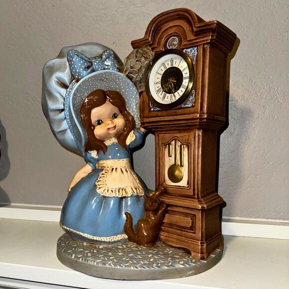 Vintage 1971 Byron Mold Girl with Grandfather Clock Figurine, Blue Bonnet Decor - Picture 2 of 13